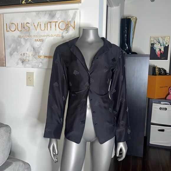 Alexander Wang Black Jacquard Logo Draped Silk Pajama Shirt - Picture 9 of 17